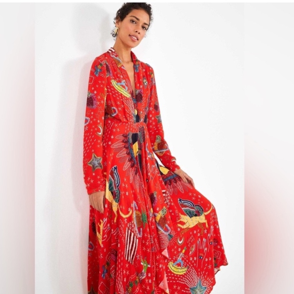 FARM Rio Carnival Plunge Long Sleeve Maxi Dress in Red Sz XL